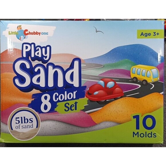 LITTLE CHUBBY ONE 8 Color Kids Play Sand Set 5 Lbs of Sand 10 Molds Non-Toxic - Picture 3 of 11